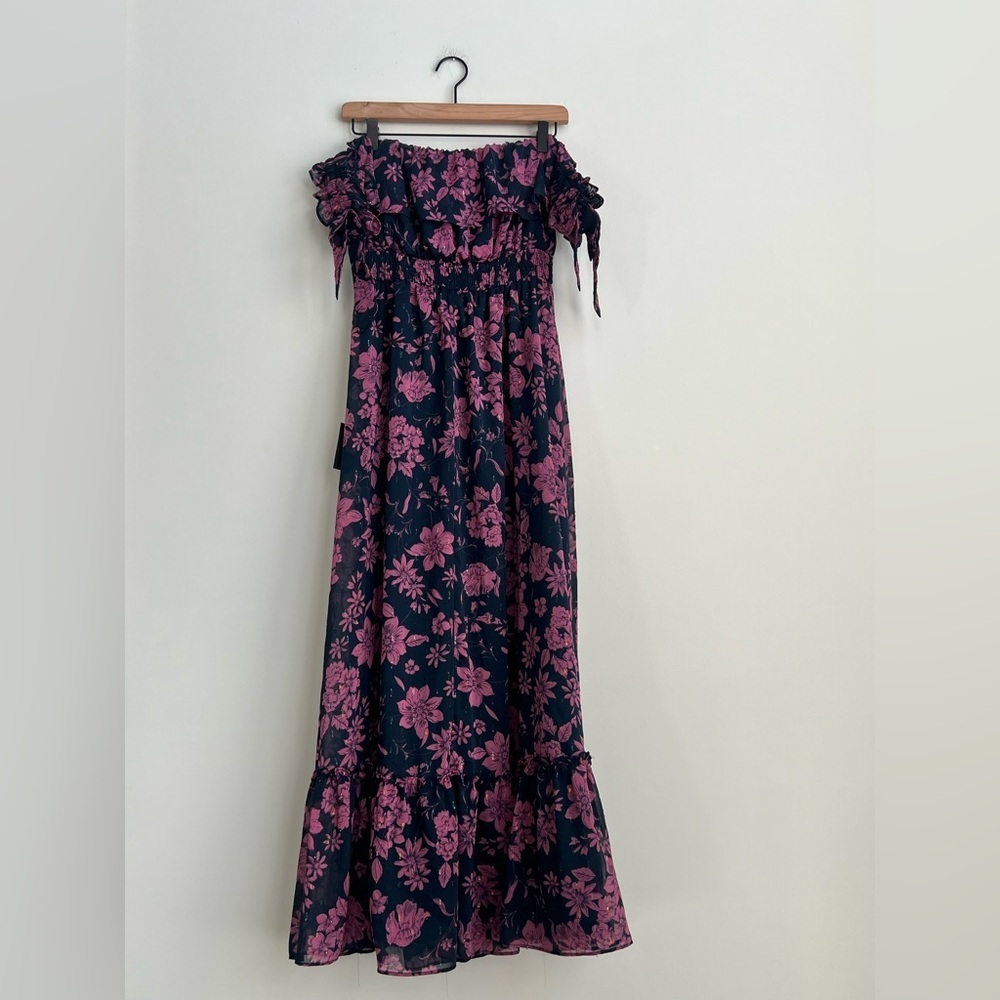 New Lulus Love and Blooms Navy Blue Floral Print Off The Shoulder maxi Dress - Picture 12 of 14